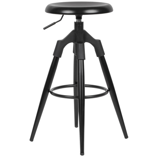 Barhocker Schwarz mit verstellbarem Sitz und dreieckigem Metallgestell in Gesamtansicht.
