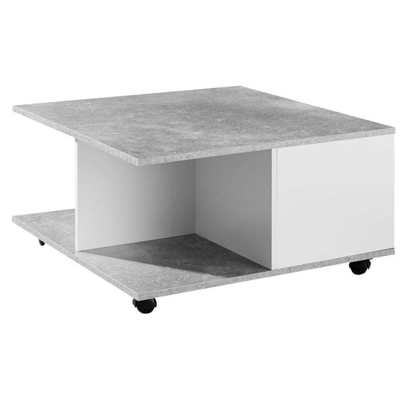 Couchtisch 70x70cm Zementgrau Weiß mit Schubladen Rollen Fächern
