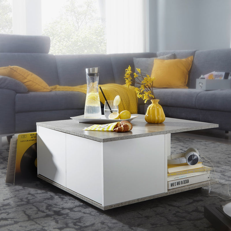 Couchtisch 70x70cm Zementgrau Weiß mit Schubladen Rollen Fächern