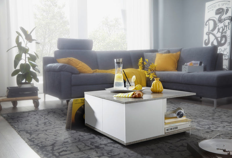 Couchtisch 70x70cm Zementgrau Weiß mit Schubladen Rollen Fächern