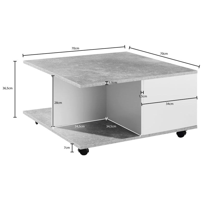 Couchtisch 70x70cm Zementgrau Weiß mit Schubladen Rollen Fächern