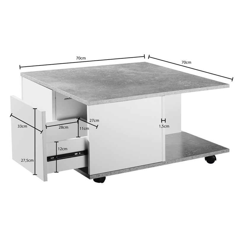 Couchtisch 70x70cm Zementgrau Weiß mit Schubladen Rollen Fächern