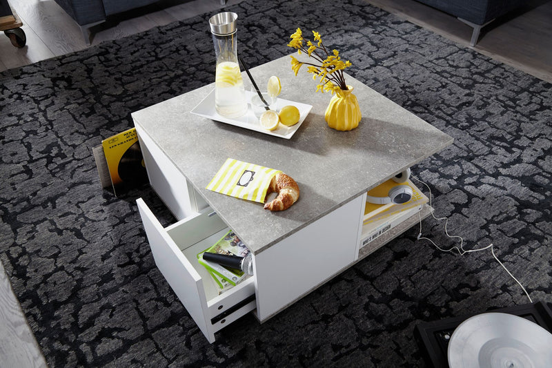 Couchtisch 70x70cm Zementgrau Weiß mit Schubladen Rollen Fächern