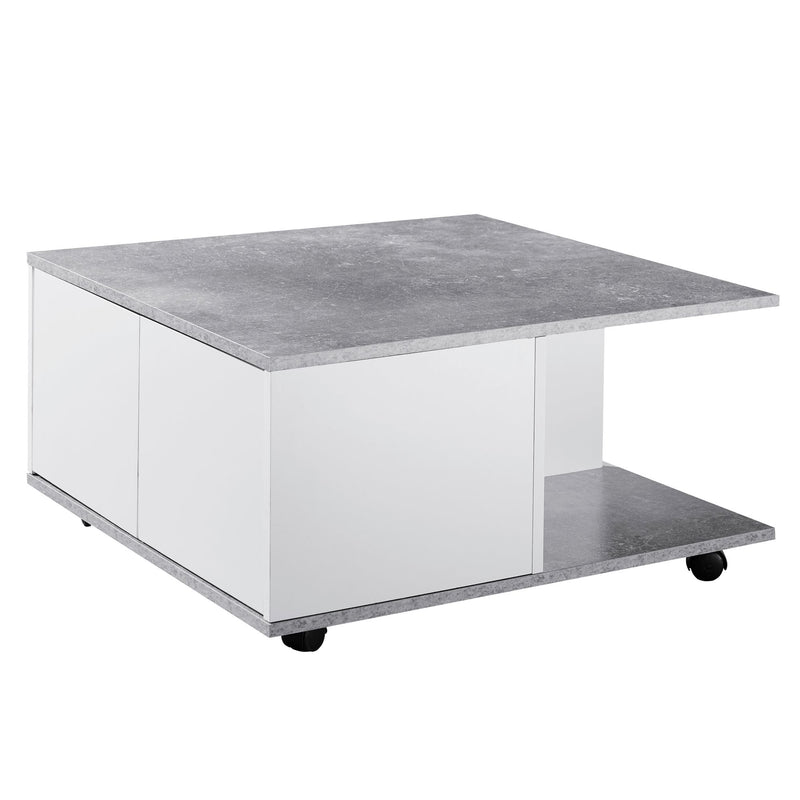 Couchtisch 70x70cm Zementgrau Weiß mit Schubladen Rollen Fächern