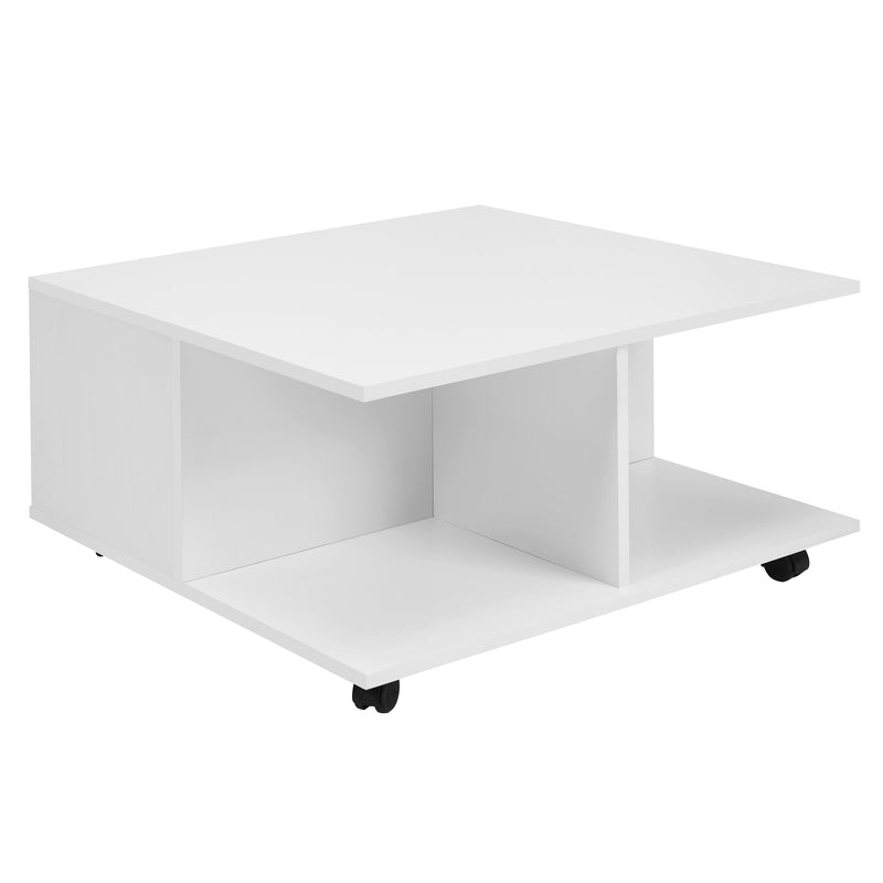 Couchtisch 70x70cm Weiß 2 Schubladen Rollen 2 Fächer