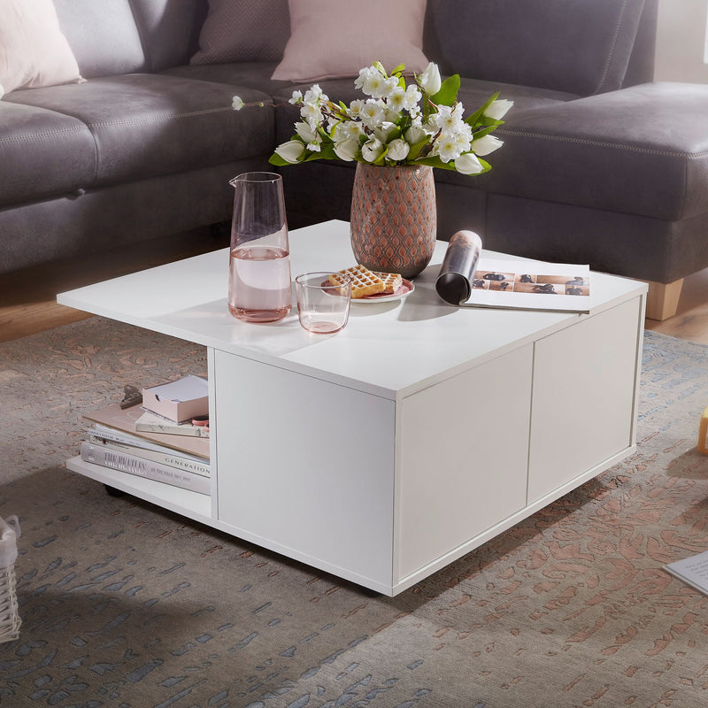Couchtisch 70x70cm Weiß 2 Schubladen Rollen 2 Fächer