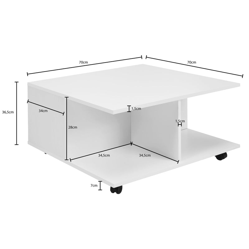 Couchtisch 70x70cm Weiß 2 Schubladen Rollen 2 Fächer