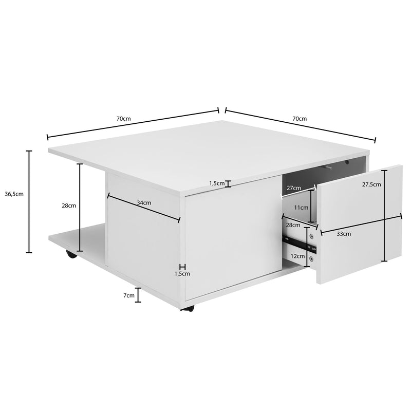 Couchtisch 70x70cm Weiß 2 Schubladen Rollen 2 Fächer