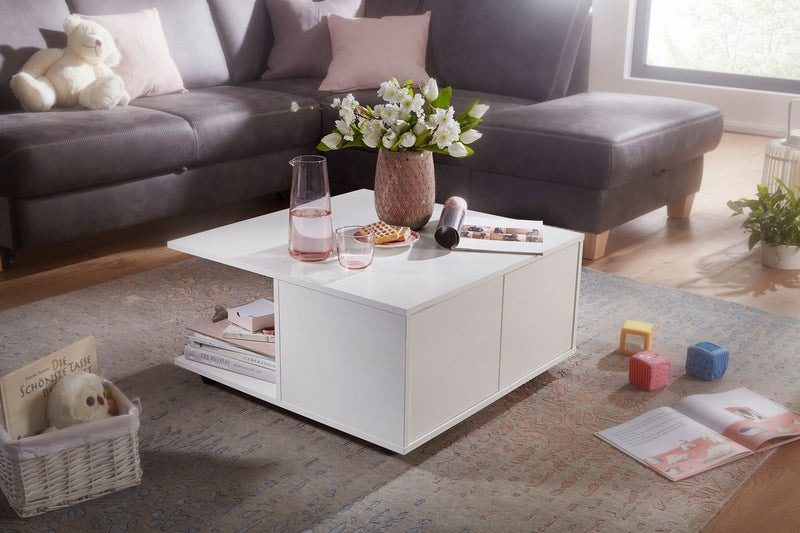 Couchtisch 70x70cm Weiß 2 Schubladen Rollen 2 Fächer