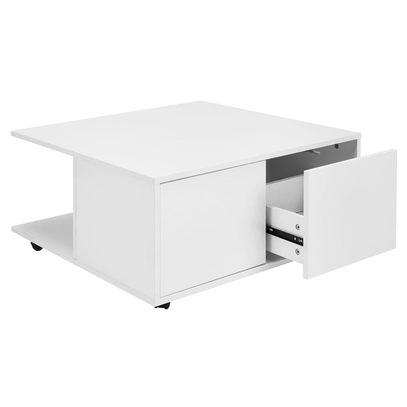 Couchtisch 70x70cm Weiß 2 Schubladen Rollen 2 Fächer