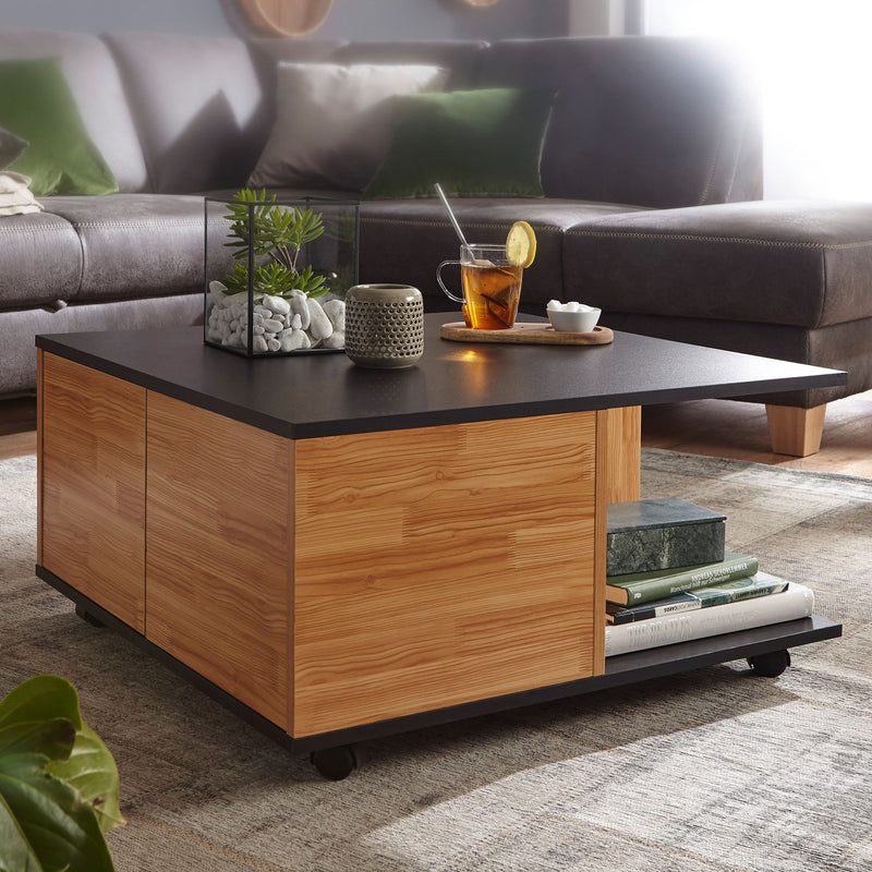 Couchtisch 70x70cm Anthrazit Sandeiche 2 Schubladen Rollen Fächer