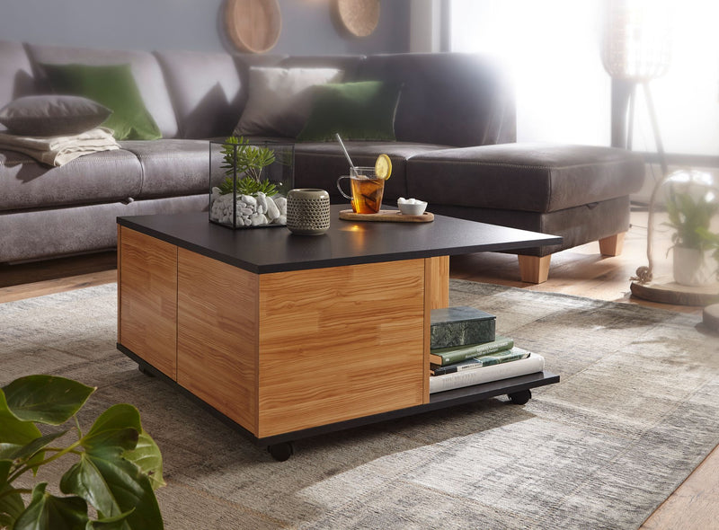 Couchtisch 70x70cm Anthrazit Sandeiche 2 Schubladen Rollen Fächer