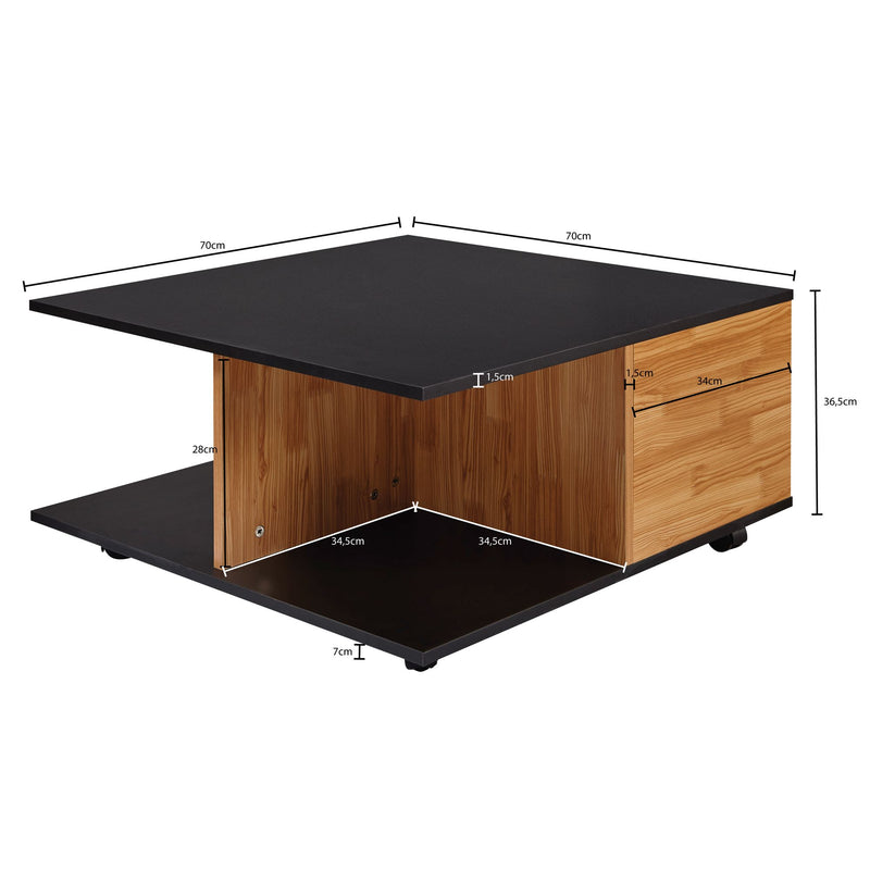 Couchtisch 70x70cm Anthrazit Sandeiche 2 Schubladen Rollen Fächer