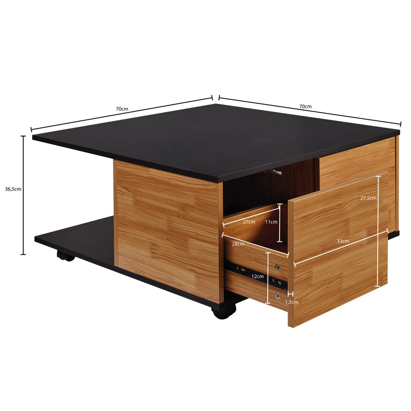 Couchtisch 70x70cm Anthrazit Sandeiche 2 Schubladen Rollen Fächer