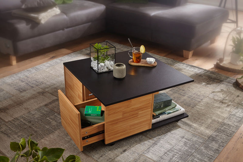 Couchtisch 70x70cm Anthrazit Sandeiche 2 Schubladen Rollen Fächer
