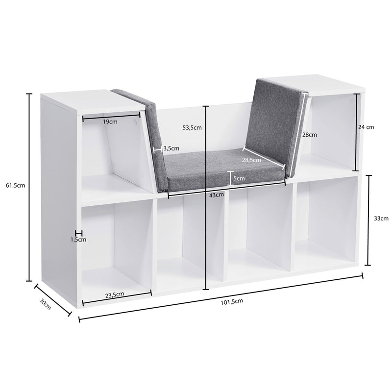 Regal mit Sitzfläche 101,5x61,5x30cm Weiß Matt Sitzbank 6 Fächer Grau