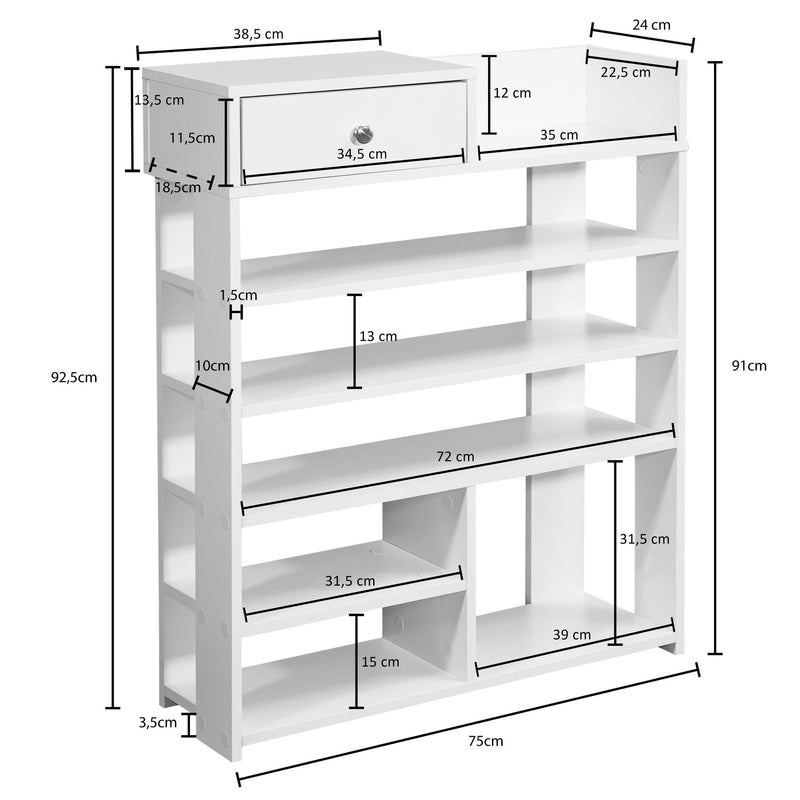 Schuhregal 75x92,5x24cm Weiß 7 Fächer mit Schublade Flurregal