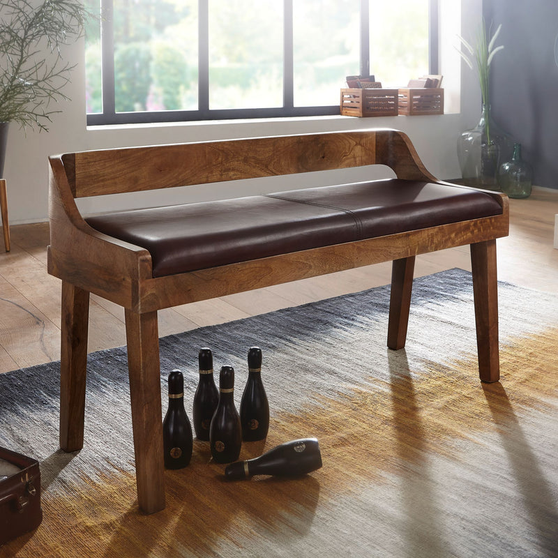 Sitzbank Echtleder Massivholz 108x63x43cm Polsterbank Braun Flur