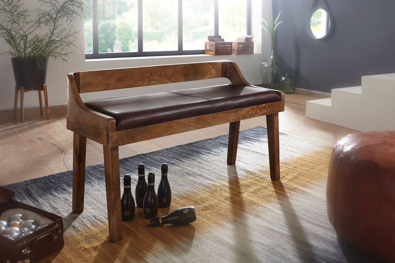 Sitzbank Echtleder Massivholz 108x63x43cm Polsterbank Braun Flur