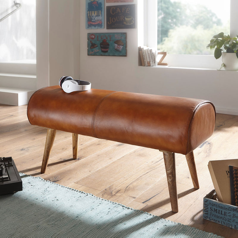 Sitzbank Echtleder Massivholz 100x53x40cm Polsterbank Braun Flur
