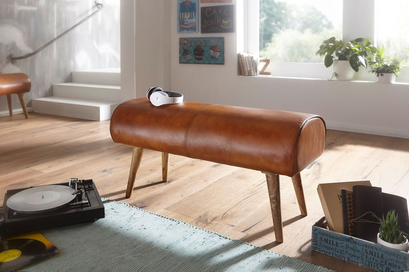 Sitzbank Echtleder Massivholz 100x53x40cm Polsterbank Braun Flur