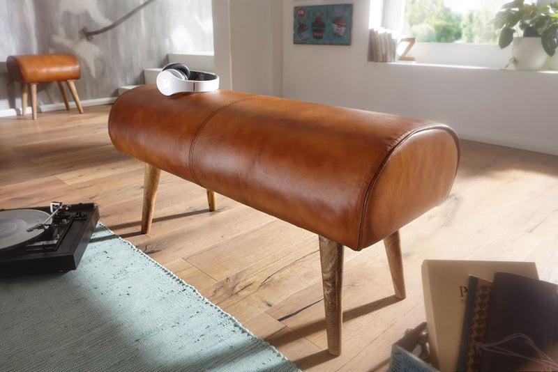 Sitzbank Echtleder Massivholz 100x53x40cm Polsterbank Braun Flur