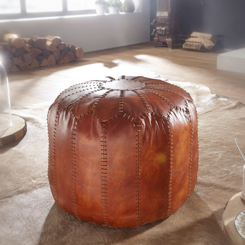Sitzhocker Echtleder Braun 52x40x52cm Orientalisch Wohnzimmer Pouf
