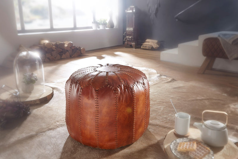 Sitzhocker Echtleder Braun 52x40x52cm Orientalisch Wohnzimmer Pouf
