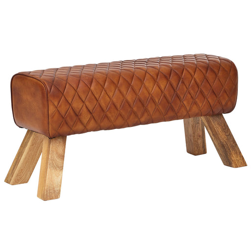 Sitzbank Echtleder Massivholz Turnbock mit gestepptem Lederbezug und Holzbeinen, Gesamtansicht.