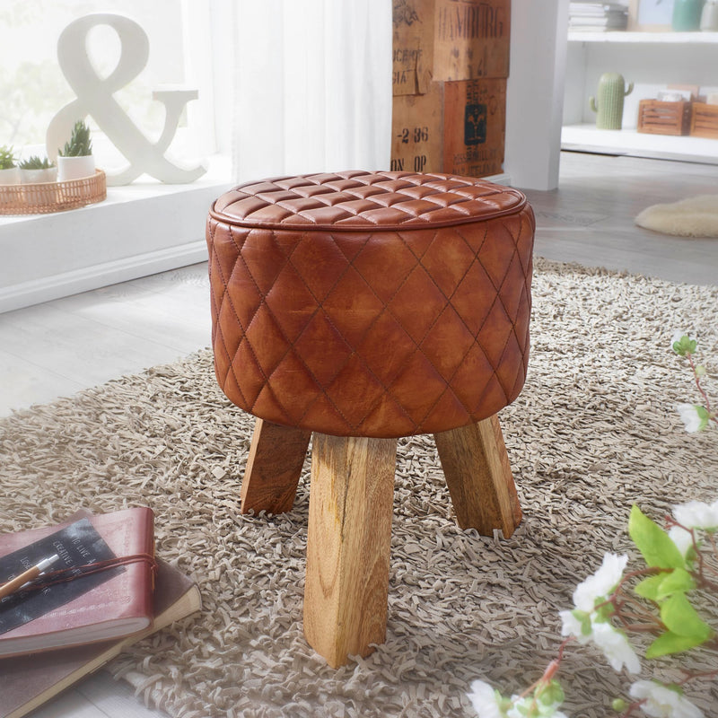 Sitzhocker Echtleder Massivholz 35x46x35cm Modern Braun Gepolstert