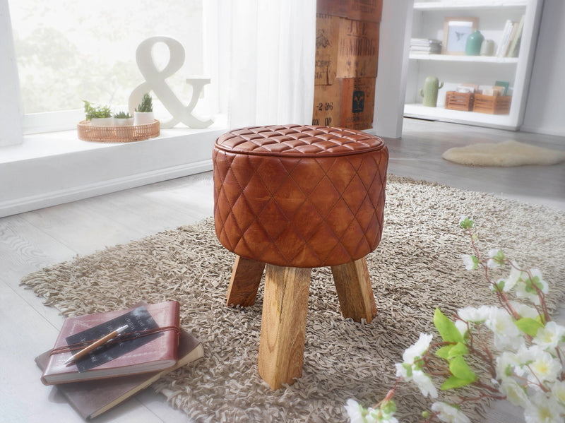 Sitzhocker Echtleder Massivholz 35x46x35cm Modern Braun Gepolstert
