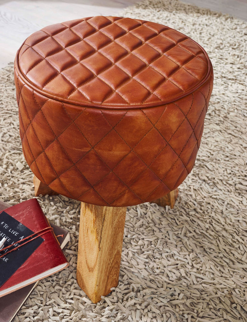 Sitzhocker Echtleder Massivholz 35x46x35cm Modern Braun Gepolstert