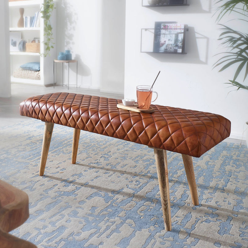 Sitzbank Echtleder Massivholz 115x53x38cm Polsterbank Braun Flur Esszimmer