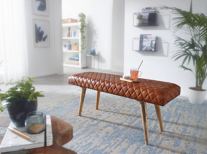 Sitzbank Echtleder Massivholz 115x53x38cm Polsterbank Braun Flur Esszimmer