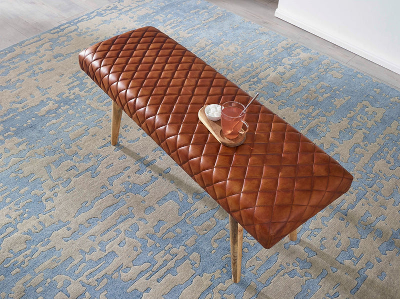 Sitzbank Echtleder Massivholz 115x53x38cm Polsterbank Braun Flur Esszimmer