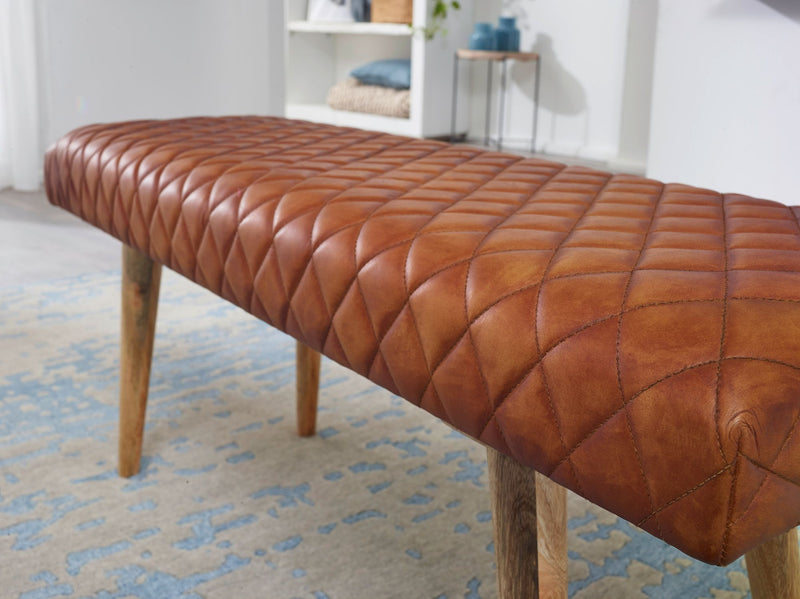 Sitzbank Echtleder Massivholz 115x53x38cm Polsterbank Braun Flur Esszimmer
