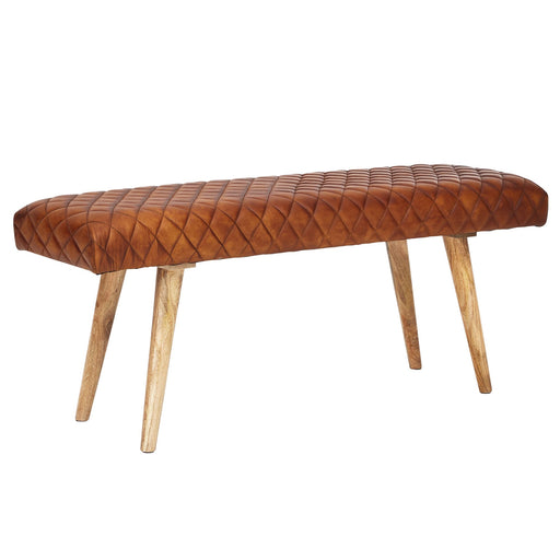 Sitzbank Echtleder Massivholz mit cognacbraunem Lederbezug und Steppung, vier Holzbeine, Gesamtansicht.
