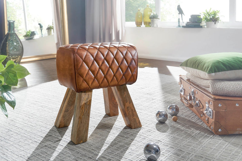 Sitzhocker Echtleder Massivholz 40x48x27cm Modern Braun Gepolstert