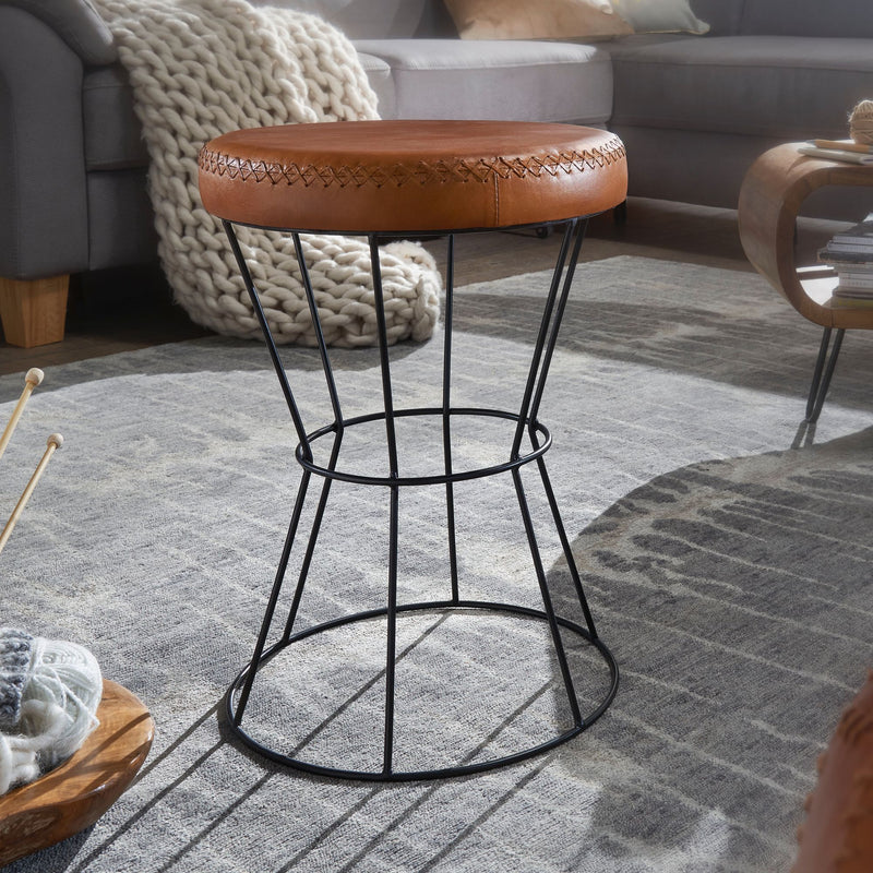 Sitzhocker Echtleder Metall Rund Braun 35x48x35cm Modern Gepolstert