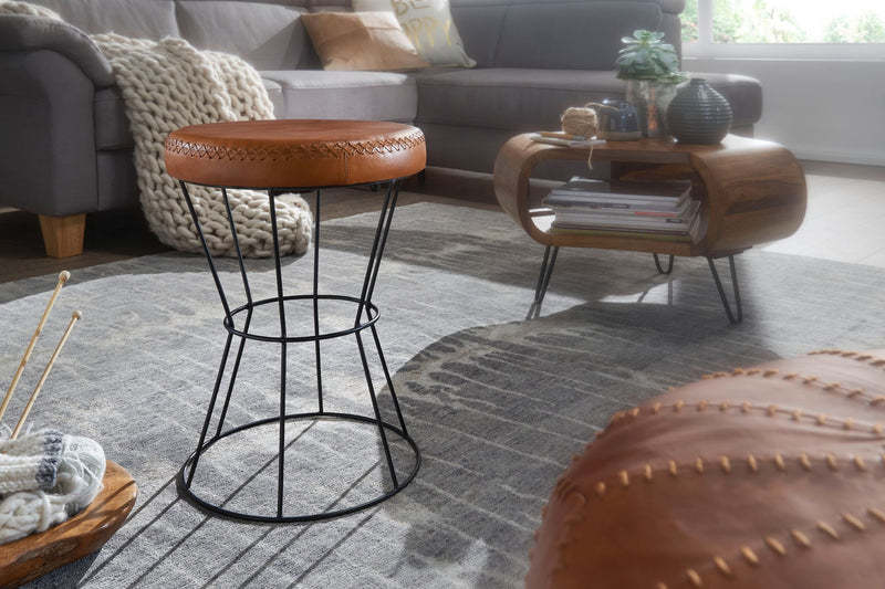 Sitzhocker Echtleder Metall Rund Braun 35x48x35cm Modern Gepolstert