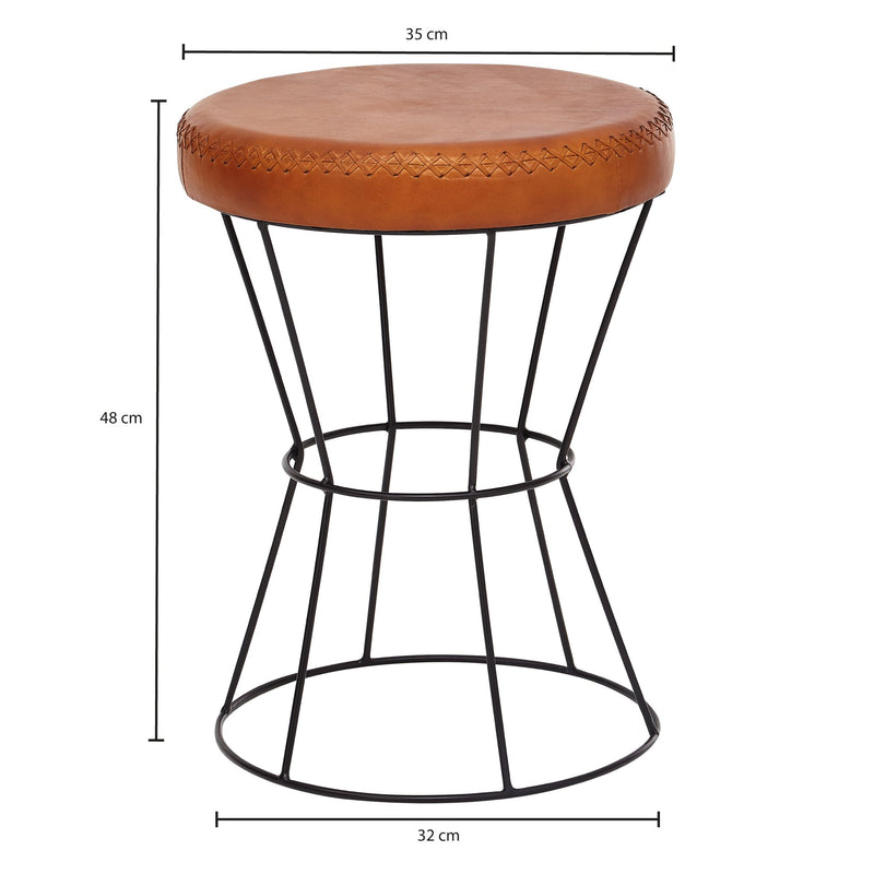 Sitzhocker Echtleder Metall Rund Braun 35x48x35cm Modern Gepolstert