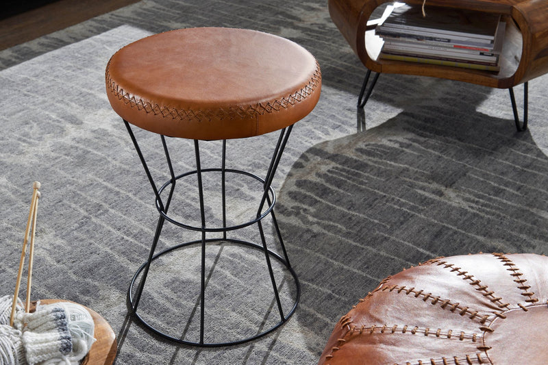 Sitzhocker Echtleder Metall Rund Braun 35x48x35cm Modern Gepolstert