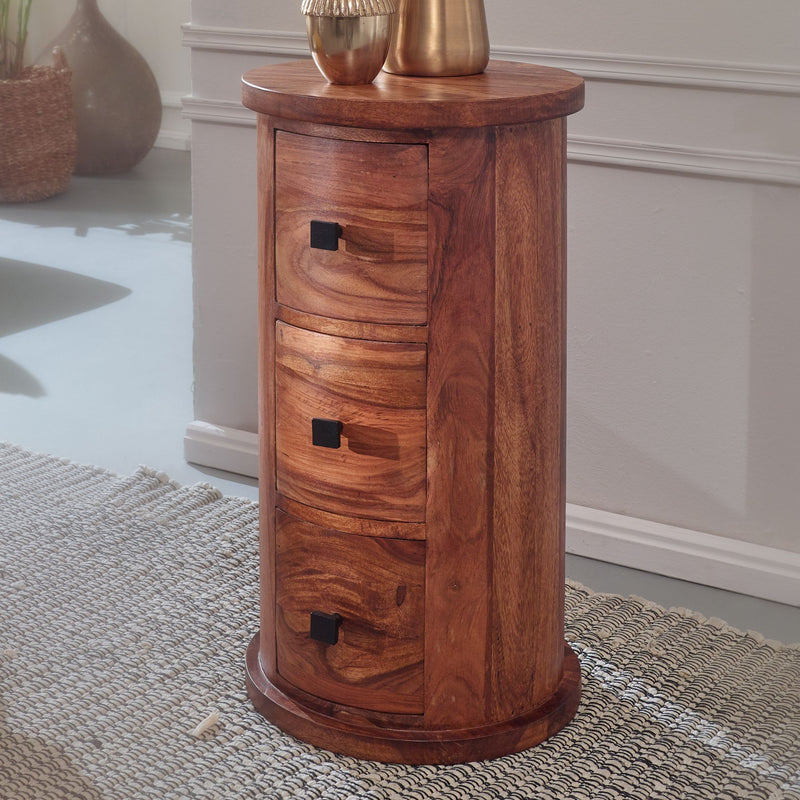 Sideboard Sheesham Massivholz 35x65x35cm 3 Schubladen Rund