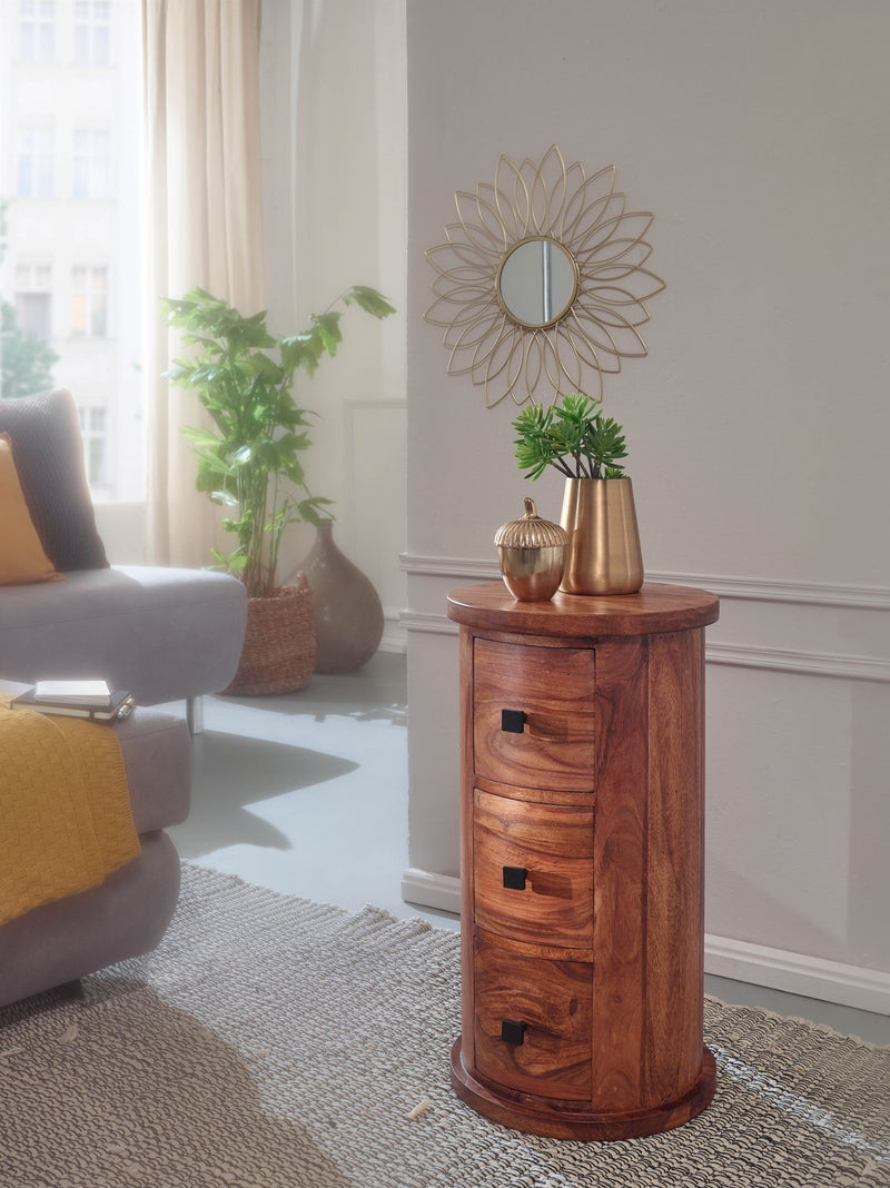 Sideboard Sheesham Massivholz 35x65x35cm 3 Schubladen Rund