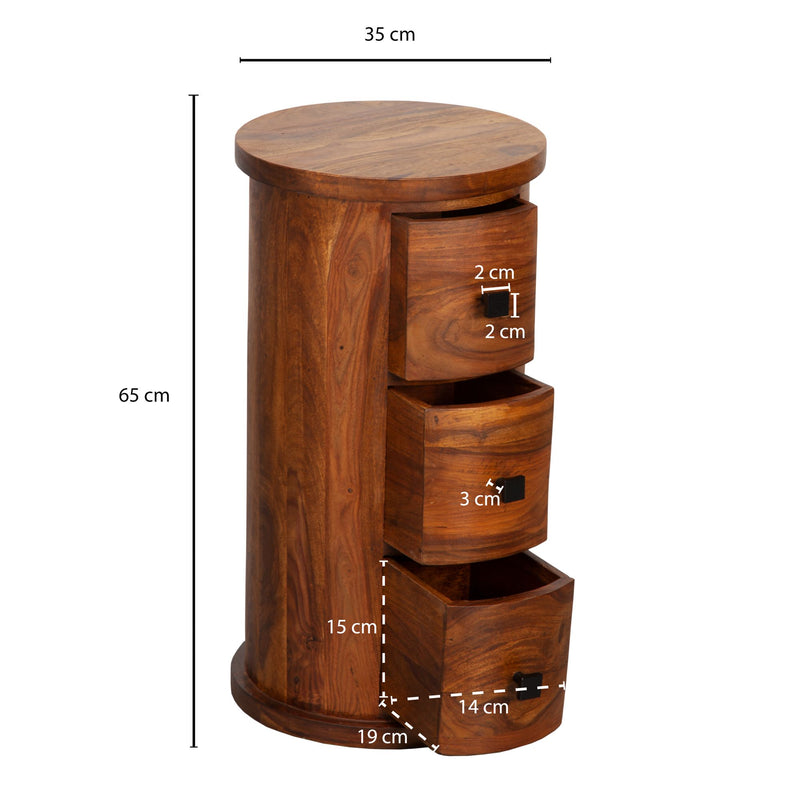 Sideboard Sheesham Massivholz 35x65x35cm 3 Schubladen Rund