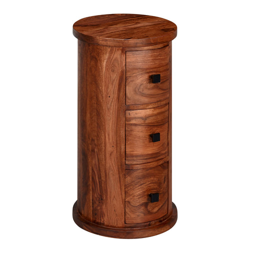 Rundes Sideboard aus Sheesham-Massivholz mit drei Schubladen und quadratischen Griffen, Gesamtansicht.
