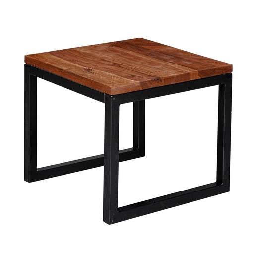 Beistelltisch 45x40x45cm Sheesham mit brauner Holzplatte und schwarzem Metallgestell, Gesamtansicht.