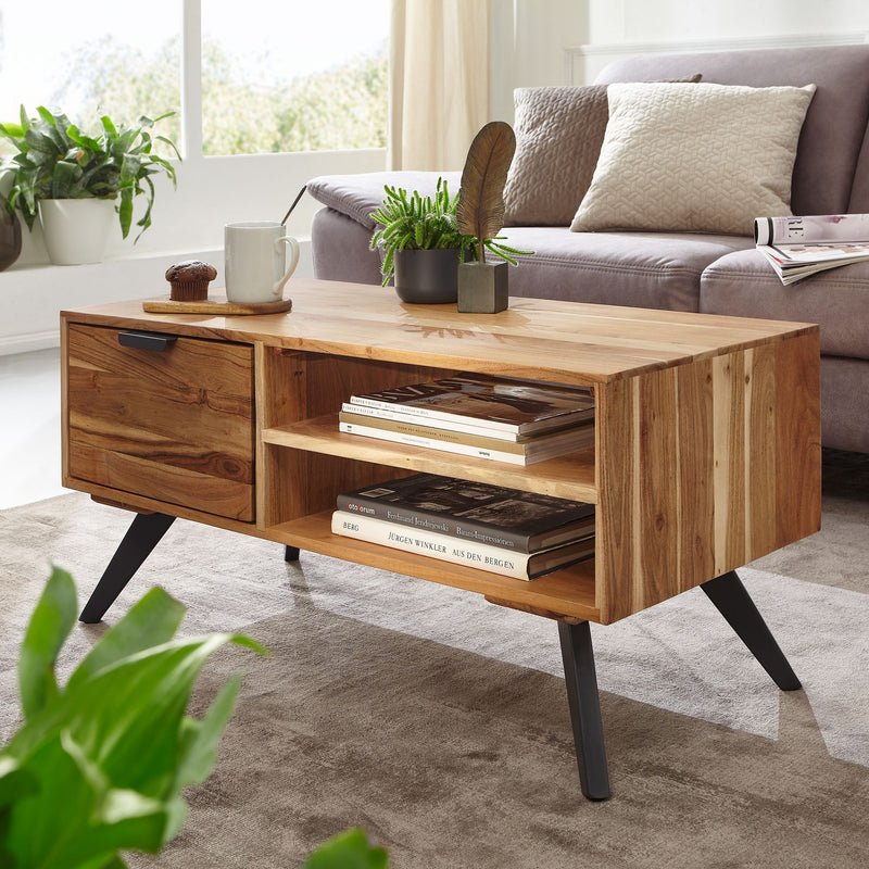 Couchtisch Akazie Massivholz 95x45x45cm Rechteckig mit Stauraum