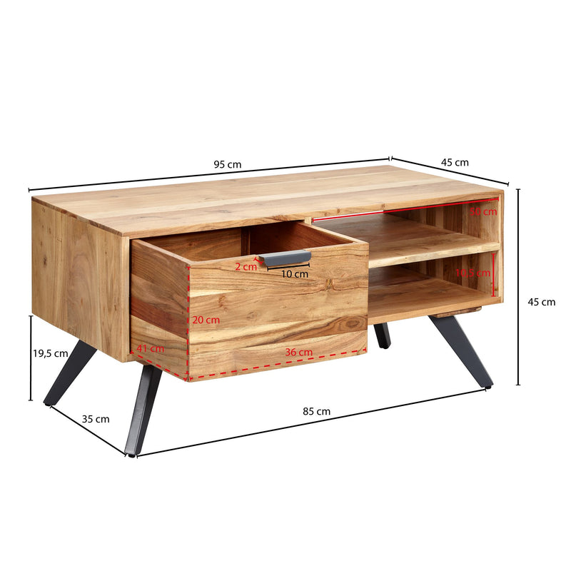 Couchtisch Akazie Massivholz 95x45x45cm Rechteckig mit Stauraum
