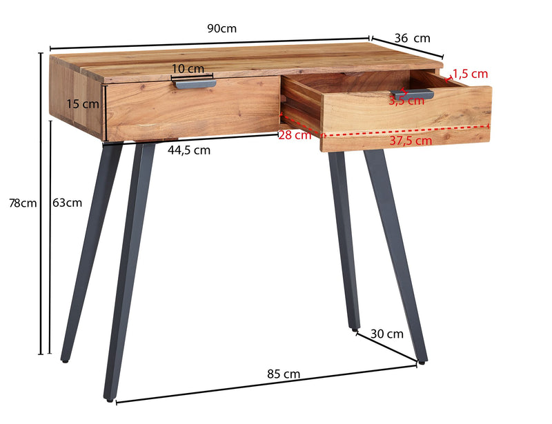 Konsolentisch Akazie Massivholz Metall 90x78x36cm mit Schubladen Modern
